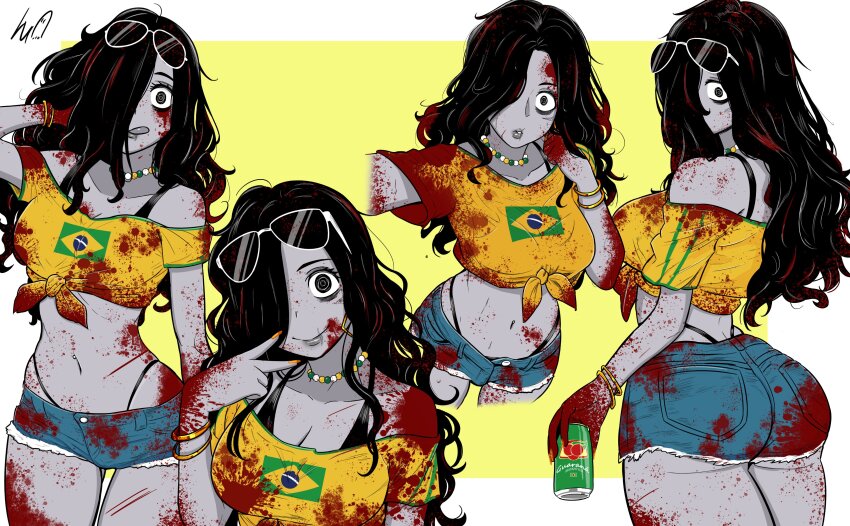 1girl absurdres alternate_skin_color artist_logo ass bags_under_eyes bead_necklace beads bikini bikini_under_clothes black_bikini black_eyes black_hair blood blood_on_clothes blood_on_face border bracelet brazilian_flag brazilian_flag_print brazilian_miku brazilian_miku_(cosplay) brazilian_sadako breasts can colored_skin commentary cosplay cowboy_shot crop_top cropped_legs dead_by_daylight denim denim_shorts earrings english_commentary eyewear_on_head flag_print ghost ghost_girl gold_bracelet gold_earrings green_trim grey_skin guarana_antarctica hair_over_one_eye hatsune_miku highres holding holding_can jewelry logo long_hair lowleg lowleg_shorts lughost messy_hair midriff multiple_bracelets multiple_views navel navel_piercing necklace pale_skin piercing print_shirt ringed_eyes shirt short_shorts shorts signature sunglasses swimsuit the_ring tied_shirt tongue tongue_out vocaloid white-framed_eyewear white_border yamamura_sadako yellow_background yellow_shirt