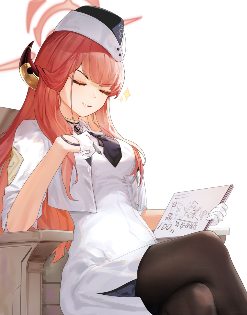 1girl aircctzillie alternate_costume aru_(blue_archive) black_necktie black_pantyhose blue_archive breasts chinese_commentary closed_eyes commentary_request crossed_legs demon_horns dress garrison_cap gloves half_gloves halo hat highres holding holding_pen horns long_hair necktie orange_hair orange_halo pantyhose pen short_necktie simple_background sitting smile solo utnapishtim_operator_uniform_(blue_archive) white_background white_dress white_gloves