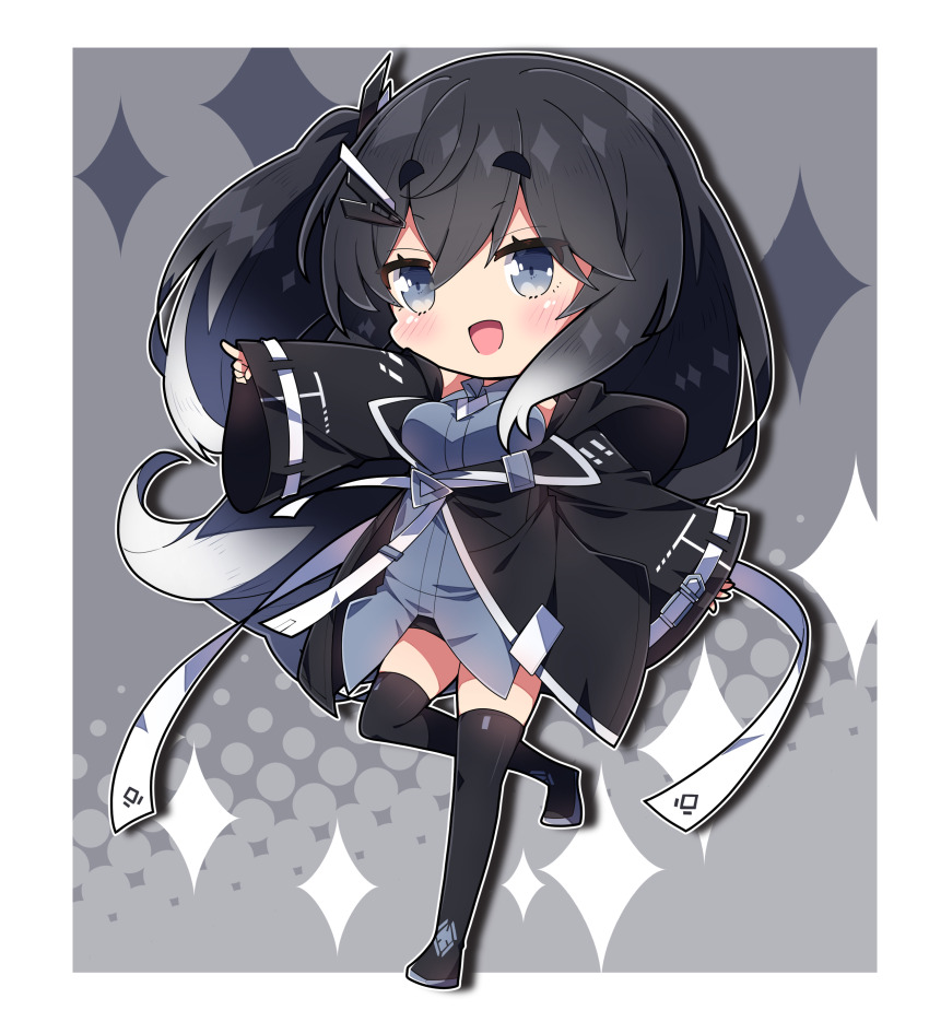 1girl :d absurdres black_boots black_hair black_jacket black_shorts blue_shirt blush boots breasts chibi coefont commentary_request grey_background grey_eyes hair_between_eyes hair_ornament halftone halftone_background highres jacket large_breasts long_hair milkpanda millial_(coefont) one_side_up open_mouth outstretched_arm pointing shirt short_eyebrows short_shorts shorts sleeves_past_wrists smile solo sparkle standing standing_on_one_leg thick_eyebrows thigh_boots very_long_hair wide_sleeves