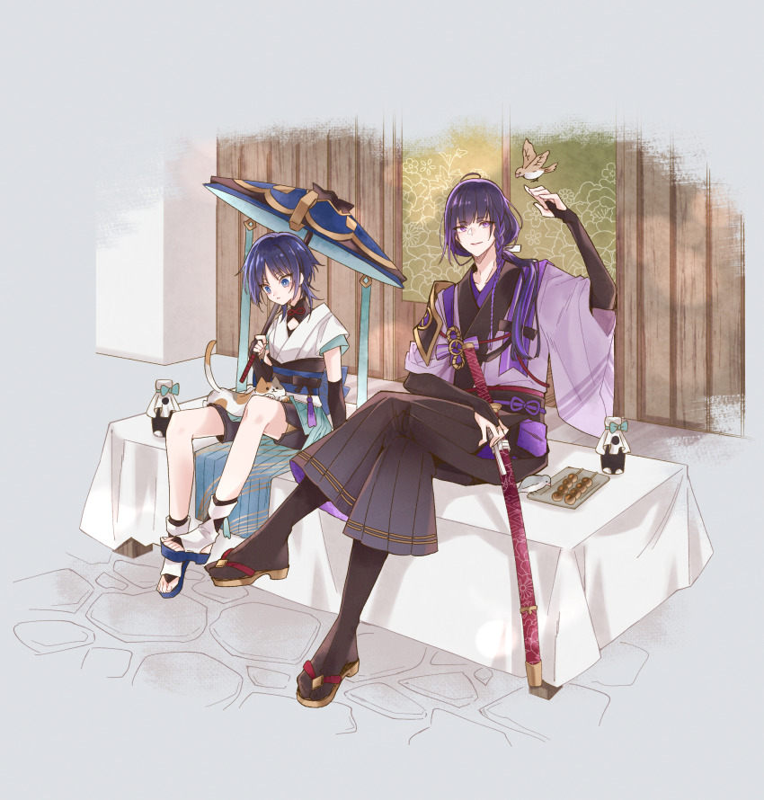 1boy 1girl animal animal_on_lap arm_up bird black_bridal_gauntlets black_hair black_hakama black_shorts blue_eyes blue_umbrella braid bridal_gauntlets cat cat_on_lap closed_mouth commentary_request crossed_legs dango dango_milk_(genshin_impact) food genderswap genderswap_(ftm) genderswap_(mtf) genshin_impact grey_background hakama hakama_pants highres holding holding_sword holding_umbrella holding_weapon japanese_clothes katana kimono long_hair looking_at_animal mitarashi_dango obi on_lap on_table pants parted_lips purple_eyes purple_hair purple_kimono raiden_shogun sandals sash scaramouche_(genshin_impact) sheath sheathed short_hair shorts sitting sword tabi table tablecloth umbrella wagashi wanderer_(genshin_impact) weapon white_kimono yuuki_(yuhki_6o)
