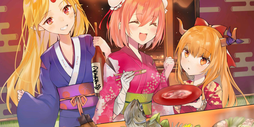 3girls alternate_costume bandaged_arm bandages blonde_hair blush bottle bow brown_horns bun_cover chopsticks closed_eyes commentary cup double_bun english_commentary fish_(food) food food_request game_cg grin hair_bow hair_bun highres holding holding_bottle holding_chopsticks holding_cup horn_ornament horn_ribbon horns hoshiguma_yuugi ibaraki_kasen ibuki_suika japanese_clothes kimono long_hair long_sleeves medium_hair multiple_girls nana_kagura obi obijime official_art oni open_mouth orange_eyes orange_hair pink_hair pink_kimono pointy_ears purple_kimono red_bow red_horns red_kimono ribbon sakazuki sash single_horn smile third-party_source touhou touhou_lostword wide_sleeves