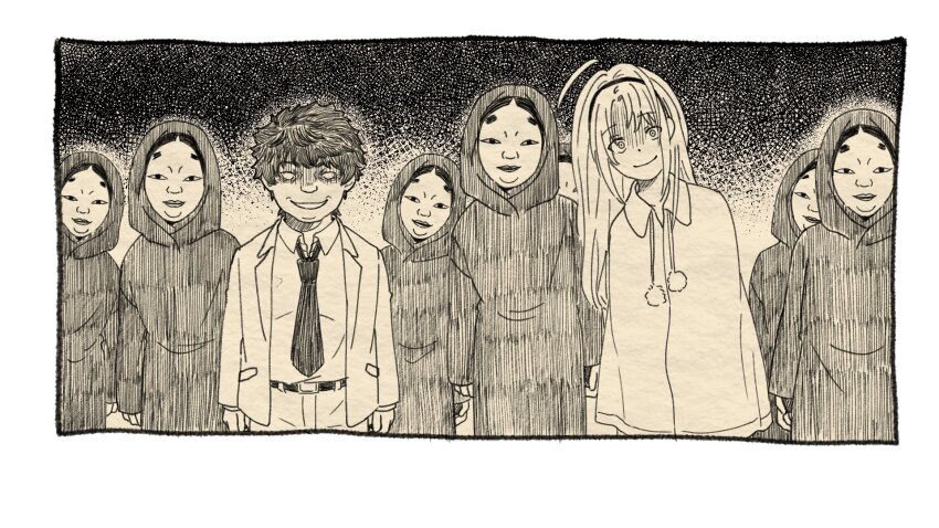 1boy 1girl 6+others ahoge belt blank_eyes border cape character_request check_spoilers closed_mouth collared_shirt feet_out_of_frame formal_clothes greyscale hairband head_tilt highres hood hood_up hooded_robe jacket juunin_toiro_(zhizhi8059) long_hair looking_at_viewer mask monochrome multiple_others necktie niimura_chigaya noh_mask open_clothes open_jacket pants pom_pom_(clothes) robe sepia shaded_face shigatsu_youka shirt shirt_tucked_in short_hair smile spoilers standing suit suit_jacket white_border wide-eyed