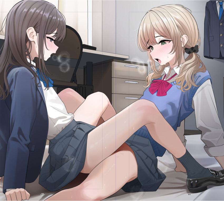 2boys anal arms_behind_back black_scrunchie black_shoes black_skirt black_socks blazer blonde_hair blue_jacket blue_ribbon blue_sweater_vest blush breath brown_hair chair clothed_sex collared_shirt crossdressing crossdressing_(mtf) curled_fingers desk drawer dress_shirt folding_chair futon green_eyes grey_eyes hair_behind_ear hair_ornament hair_scrunchie heavy_breathing highres indoors jacket knees_up leaning_back loafers long_hair long_sidelocks long_sleeves looking_at_another looking_at_penis low_twintails male_focus male_penetrated multiple_boys neck_ribbon no_panties open_mouth original page_number parted_bangs pleated_skirt raised_inner_eyebrows red_ribbon ribbon school_uniform scrunchie sex shirt shoes sidelocks sitting skirt socks spread_legs straddling straight_hair sweat sweater_vest swept_bangs teeth tongue tongue_out trap trap_on_trap turisasu twintails unworn_clothes upper_teeth_only upright_straddle white_shirt wing_collar yaoi