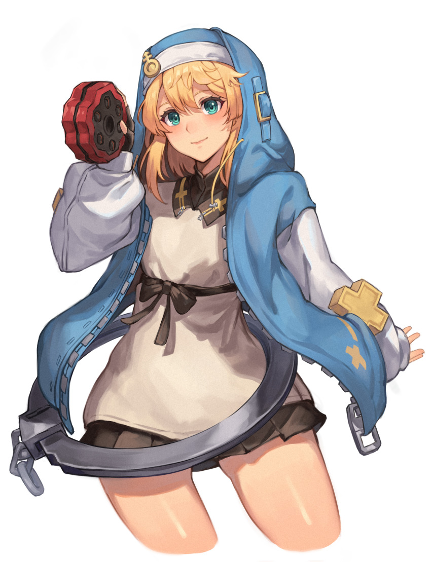 1boy 20060715 absurdres androgyne_symbol black_skirt blonde_hair bridget_(guilty_gear) closed_mouth coif commentary cropped_legs green_eyes guilty_gear guilty_gear_strive hair_between_eyes highres long_hair looking_at_viewer male_focus pleated_skirt simple_background skirt smile solo standing trap white_background