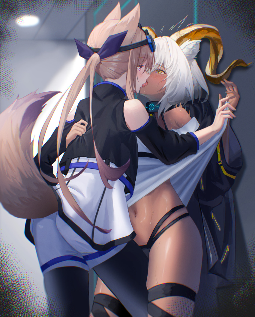 2girls absurdres animal_ears arknights beeswax_(arknights) black_jacket black_panties black_pantyhose blush brown_hair cardigan_(arknights) commission dark-skinned_female dark_skin dog_ears dog_girl dog_tail felfia french_kiss goat_girl goat_horns highres horns jacket kabedon kiss leg_between_thighs long_hair multiple_girls navel open_mouth panties pantyhose pixiv_commission ponytail shorts tail tongue tongue_out underwear white_hair white_shorts yellow_eyes yuri