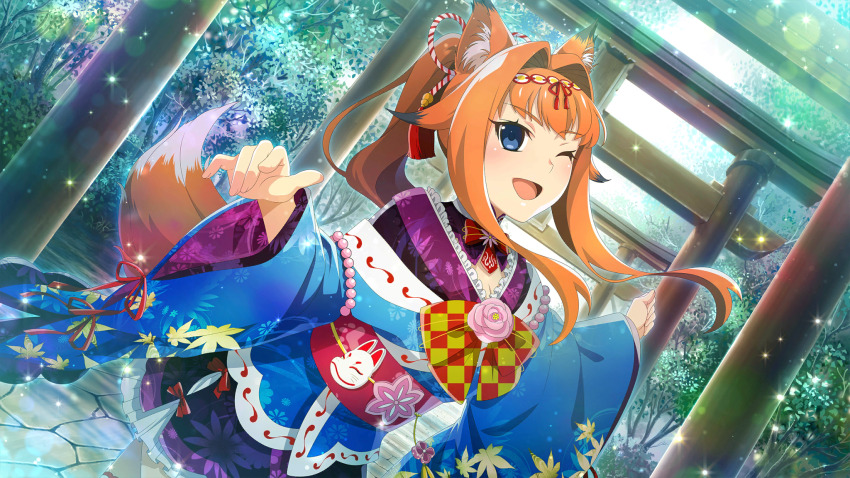 1girl ;d animal_ears blue_eyes cowboy_shot day floating_hair fox_ears fox_tail game_cg hair_intakes high_ponytail highres higurashi_no_naku_koro_ni higurashi_no_naku_koro_ni_mei houtani_nao kimono_dress lens_flare long_hair long_sleeves looking_at_viewer non-web_source official_alternate_hairstyle official_art one_eye_closed open_mouth orange_hair outdoors ponytail shrine smile solo sparkle standing tail three_quarter_view torii tree w_arms wide_sleeves