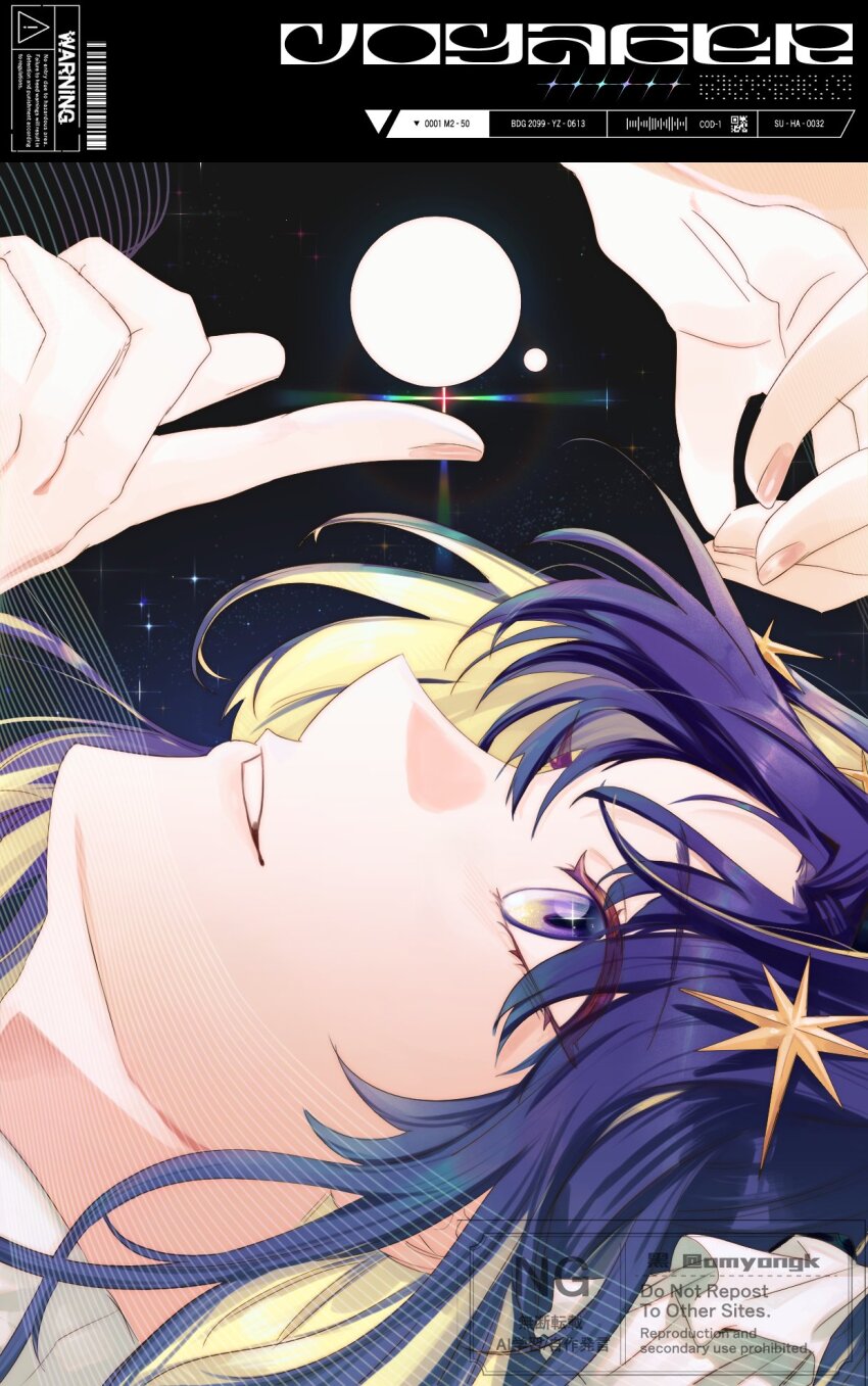 1girl black_background blonde_hair blue_eyes blue_hair character_name circle colored_inner_hair grin hair_ornament hand_up highres index_finger_raised long_hair multicolored_hair omyongk portrait reverse:1999 sideways smile solo star_(symbol) star_hair_ornament teeth voyager_(reverse:1999) watermark