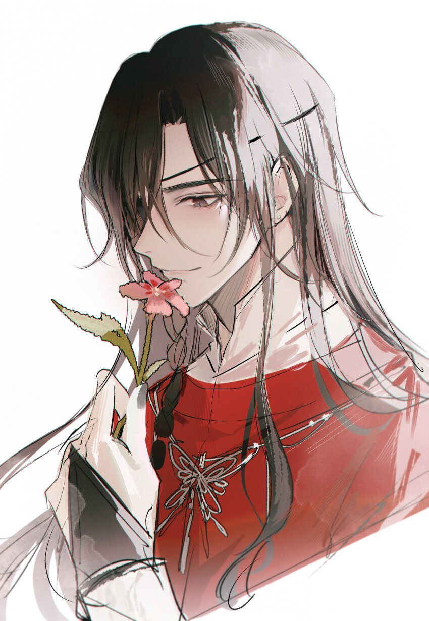1boy absurdres bishounen black_hair black_nails bracer braid bridal_gauntlets brown_eyes butterfly_necklace chinese_clothes closed_mouth eyepatch flower hanfu highres holding holding_flower hua_cheng implied_yaoi jewelry long_hair looking_down male_focus mandarin_collar nail_polish necklace one_eye_covered pink_flower red_hanfu side_braid silver_necklace simple_background single_braid smelling smelling_flower smile solo tianguan_cifu upper_body white_background young57440489 yuanlingpao