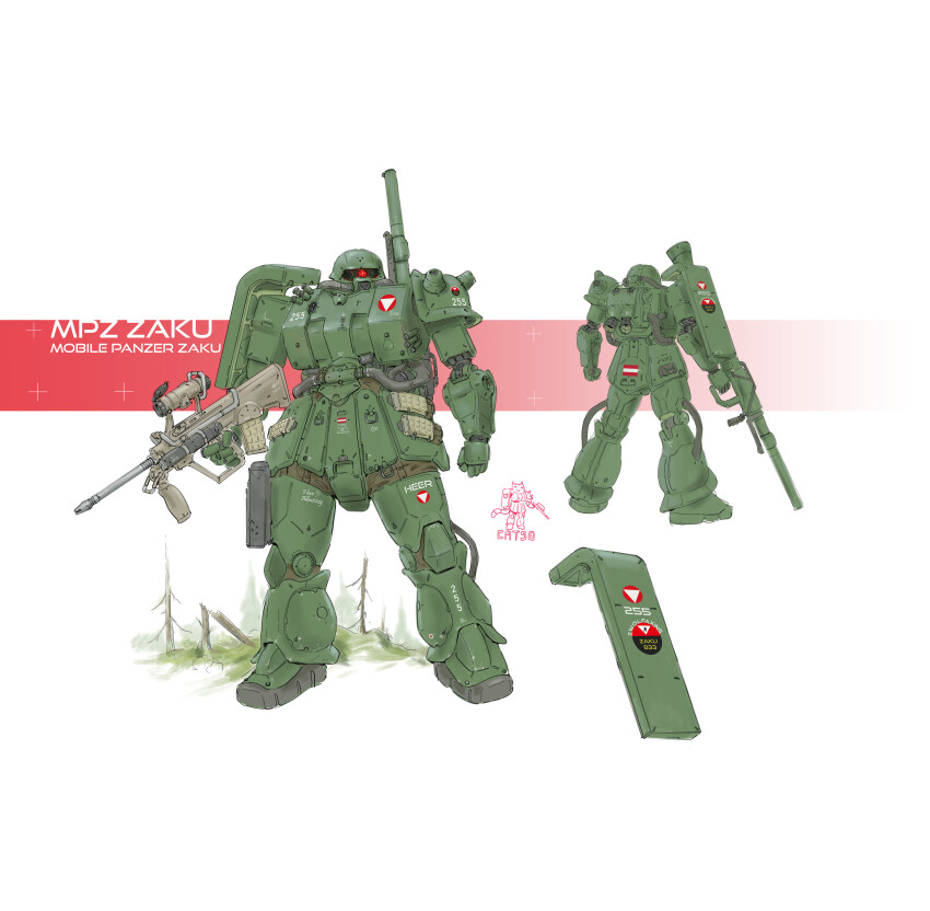 absurdres artist_name assault_rifle bare_tree bullpup cat clenched_hand commentary english_commentary gun gundam highres holding holding_gun holding_weapon mecha multiple_views no_humans one-eyed patso_catso red_eyes rifle robot roundel science_fiction steyr_aug tree weapon zaku_ii
