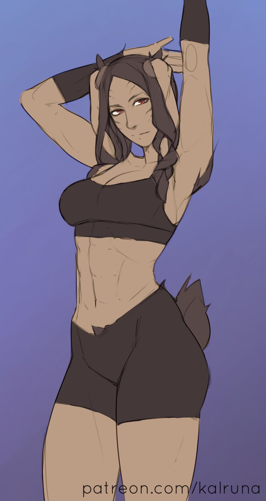 1girl absurdres animal_ears black_hair black_shorts fire_emblem fire_emblem_awakening highres kalruna midriff nintendo panne_(fire_emblem) rabbit_ears rabbit_tail shorts solo sports_bra tail