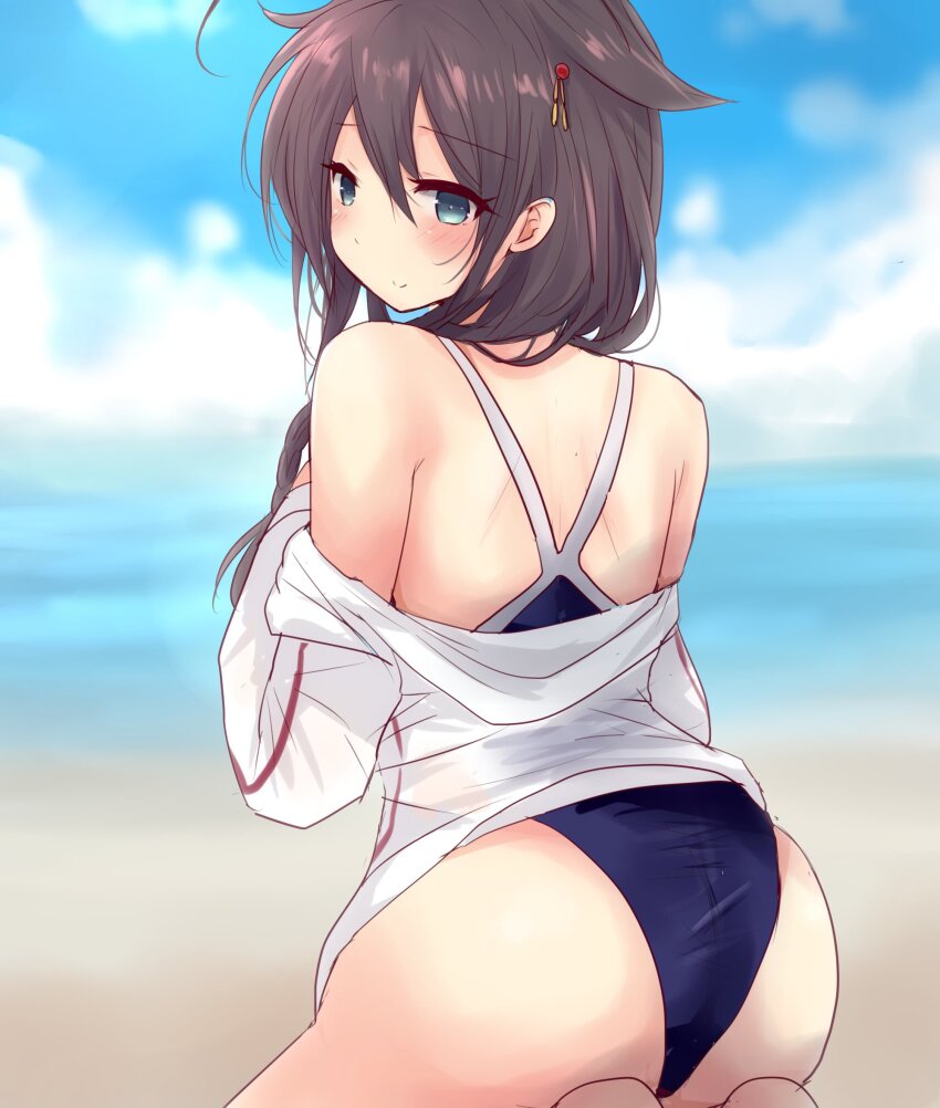 1girl ahoge ass beach black_hair blue_eyes blue_one-piece_swimsuit blue_sky cloud competition_school_swimsuit cowboy_shot day from_behind hair_flaps hair_over_shoulder highres hirune_(konekonelkk) horizon jacket kantai_collection kneeling long_hair ocean one-piece_swimsuit outdoors school_swimsuit shigure_(kancolle) shigure_kai_ni_(kancolle) sky solo swimsuit white_jacket