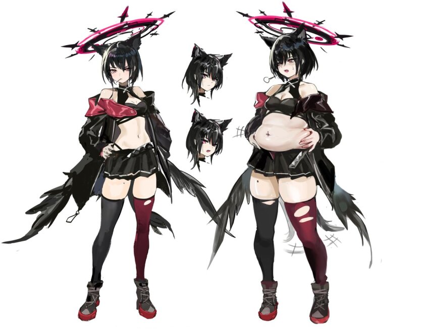 1girl animal_ear_fluff animal_ears asymmetrical_legwear belly_grab black_hair black_jacket black_panties black_skirt black_thighhighs black_tube_top black_wings breasts cleavage detached_collar feathered_wings goti_(gotie23) grey_shoes halo hand_on_own_hip hands_on_own_stomach highleg highleg_panties jacket lollipop_in_mouth low_wings mismatched_legwear mole mole_on_thigh navel navel_piercing off-shoulder_jacket off_shoulder open_clothes open_jacket original panties piercing pink_eyes plump red_thighhighs reference_sheet shoes short_hair skirt small_breasts solo standing strapless thighhighs torn_clothes torn_thighhighs tube_top underwear weight_gain whale_tail_(clothing) white_background wings