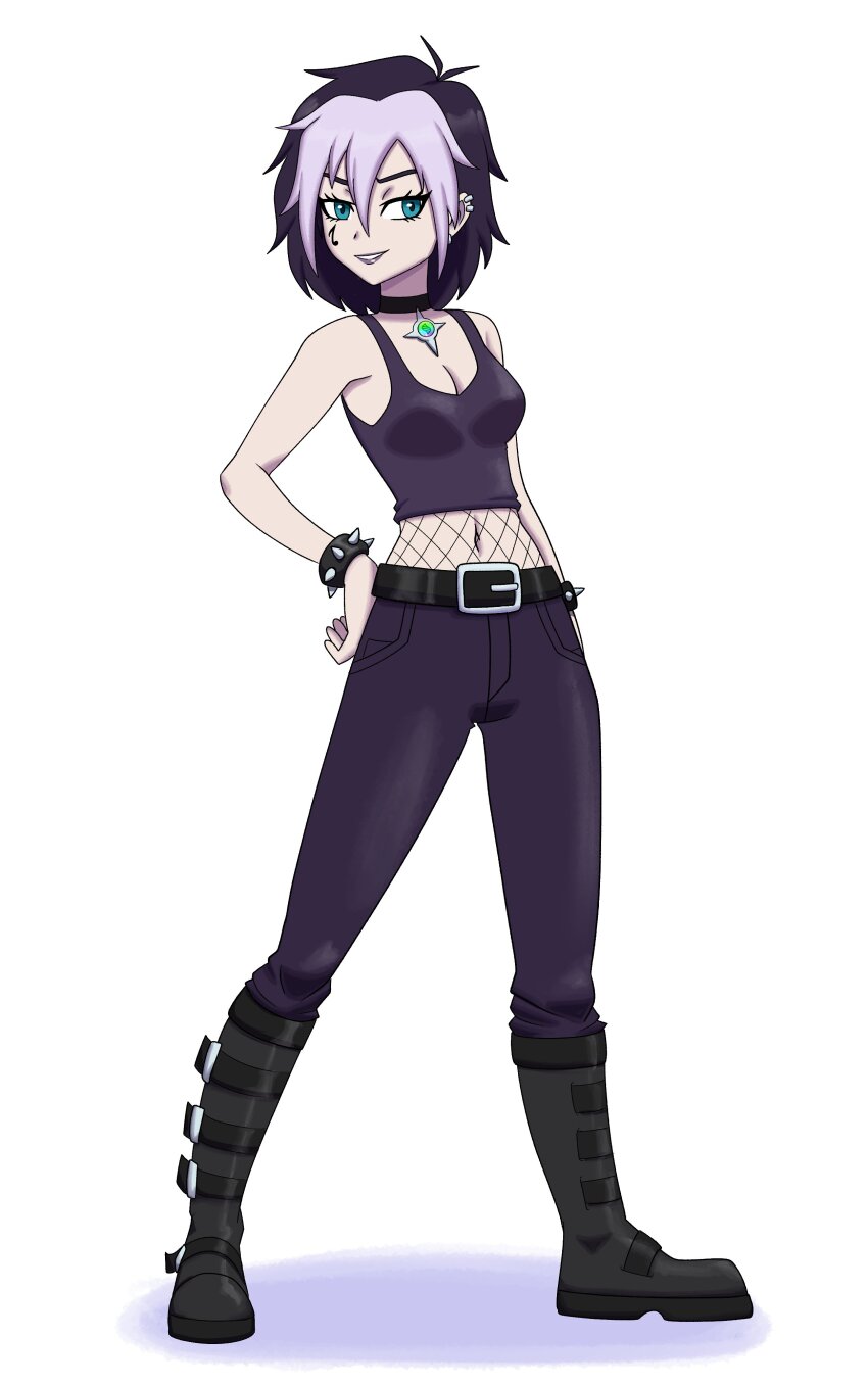 1girl absurdres black_choker black_hair black_tank_top blue_eyes boots bracelet breasts choker cleavage commentary ear_piercing earrings english_commentary facial_tattoo fishnet_top fishnets full_body goth_fashion hand_on_own_hip highres jewelry lipstick ludinsketches makeup medium_breasts medium_hair multicolored_hair original pants parted_lips piercing purple_lips purple_pants purple_tank_top smile solo spiked_bracelet spikes tank_top tattoo two-tone_hair
