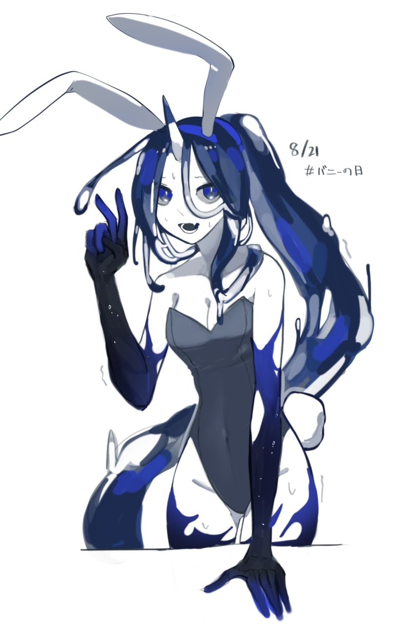 1girl :d animal_ears blue_eyes blue_gloves blue_hair breasts bunny_day cleavage colored_sclera colored_skin elbow_gloves fake_animal_ears gloves grey_leotard grey_sclera hand_up highleg highleg_leotard highres horns leotard liquid_hair looking_at_viewer medium_breasts monster_girl open_mouth original playboy_bunny ponytail rabbit_ears ruteko_(ruko220) simple_background single_horn smile solo v white_background white_skin