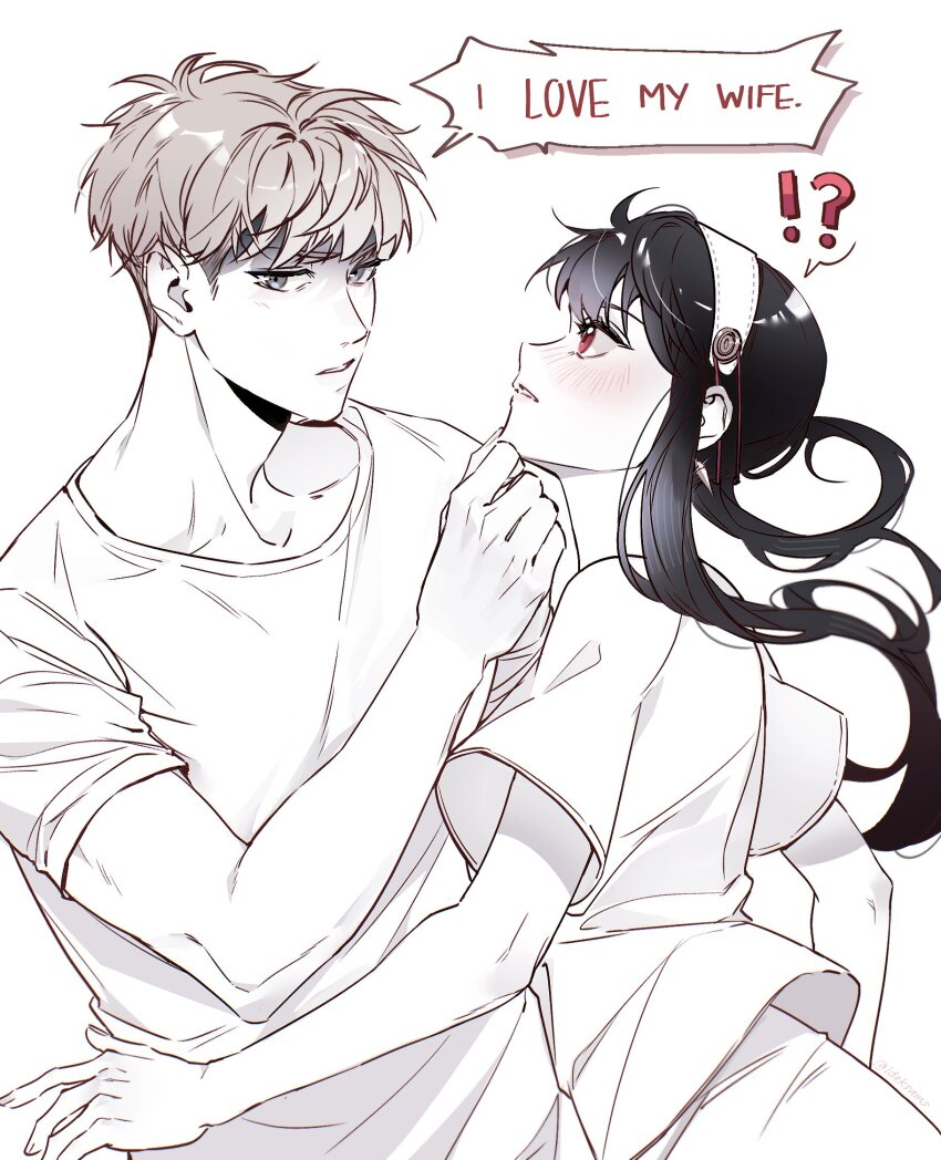 1boy 1girl black_hair blonde_hair blue_eyes blush breasts commentary couple earrings gold_earrings hairband hetero highres husband_and_wife ideksams jewelry large_breasts long_hair open_mouth red_eyes shirt short_hair sidelocks spy_x_family symbol-only_commentary twilight_(spy_x_family) yor_briar