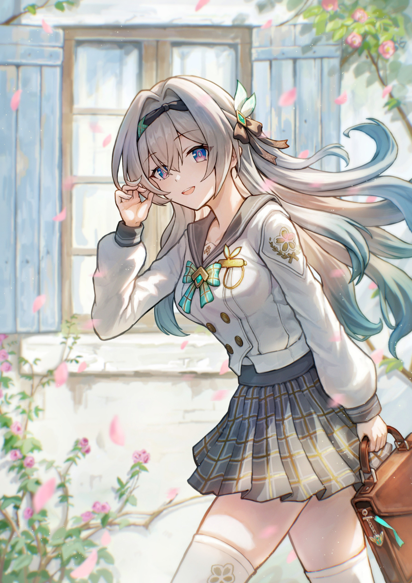 1girl absurdres bag black_bow black_hairband blue_eyes blue_pupils bow bowtie breasts brown_bag buttons commentary_request double-breasted firefly_(honkai:_star_rail) firefly_(spring_missive)_(honkai:_star_rail) gradient_hair green_bow green_bowtie green_hair grey_hair grey_sailor_collar grey_skirt hair_bow hairband hand_up highres holding holding_bag honkai:_star_rail honkai_(series) isome large_breasts long_hair long_sleeves looking_at_viewer multicolored_hair official_alternate_costume open_mouth pink_petals plaid_clothes plaid_skirt pleated_skirt sailor_collar school_bag school_uniform serafuku shirt skirt smile solo thighhighs thighs white_shirt white_thighhighs