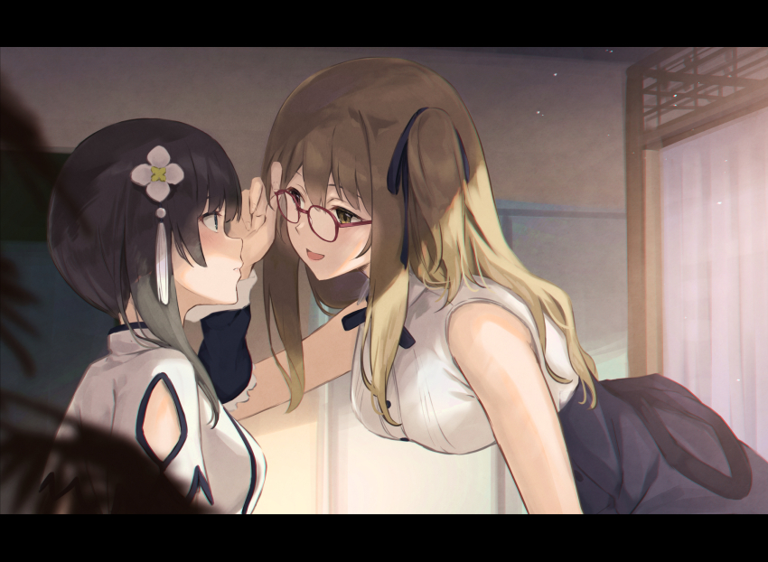 2girls adjusting_eyewear arm_cutout arms_at_sides assault_lily bare_shoulders black_hair black_ribbon black_skirt blurry blurry_foreground breasts brown_hair chromatic_aberration clothing_cutout collared_shirt commentary_request curtains detached_sleeves eye_contact face-to-face flower frilled_sleeves frills from_side glasses green_eyes hair_between_eyes hair_flower hair_ornament hair_ribbon hand_up heterochromia high-waist_skirt highres indoors kuo_shenlin leaning_forward letterboxed light_blush light_particles long_hair looking_at_another medium_breasts multiple_girls navel neck_ribbon nuenue one_side_up parted_lips profile red-framed_eyewear red_eyes ribbon school_uniform shade shirt short_sleeves sidelocks skirt sleeveless sleeveless_shirt smile standing tassel tassel_hair_ornament upper_body wang_yujia white_flower white_shirt yellow_eyes yurigaoka_girls_academy_school_uniform