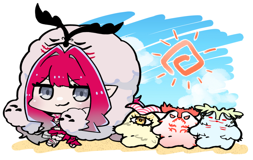 1girl baobhan_sith_(fate) baobhan_sith_(swimsuit_pretender)_(fate) baobhan_sith_(swimsuit_pretender)_(first_ascension)_(fate) beach burnunnos_(fate) cernunnos_(fate) character_hood chibi fate/grand_order fate_(series) full_body grey_eyes headwear_with_attached_mittens karakuchi_muusu looking_at_viewer oceanunnos_(fate) pink_hair pointy_ears sidelocks smile solo succunnos_(fate) white_footwear