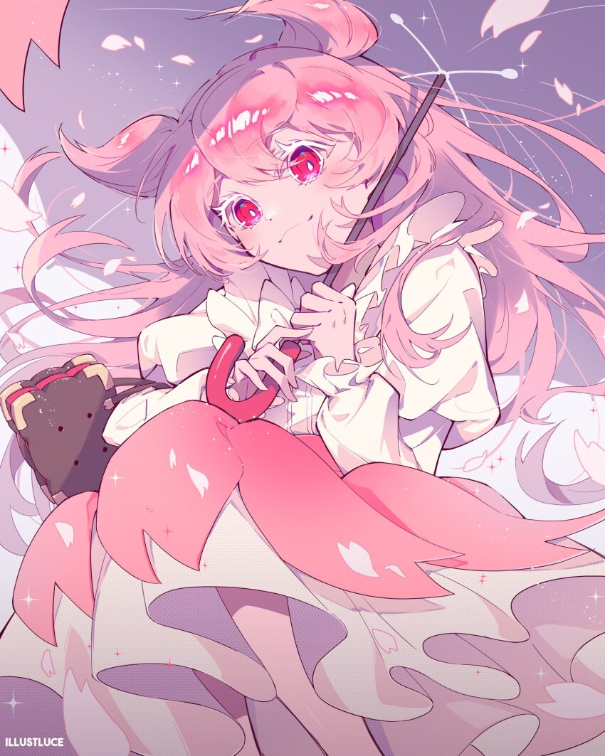 1girl :3 bag bright_pupils brown_bag cherry_blossom_cookie closed_mouth colored_eyelashes commentary_request cookie_run double-parted_bangs double_bun feet_out_of_frame frilled_sleeves frills from_below hair_between_eyes hair_bun handbag highres holding holding_umbrella humanization illustluce juliet_sleeves long_hair long_sleeves looking_at_viewer pink_hair pink_petals pink_skirt pink_umbrella puffy_sleeves red_eyes shirt skirt solo sparkle twitter_username umbrella white_eyelashes white_pupils white_shirt