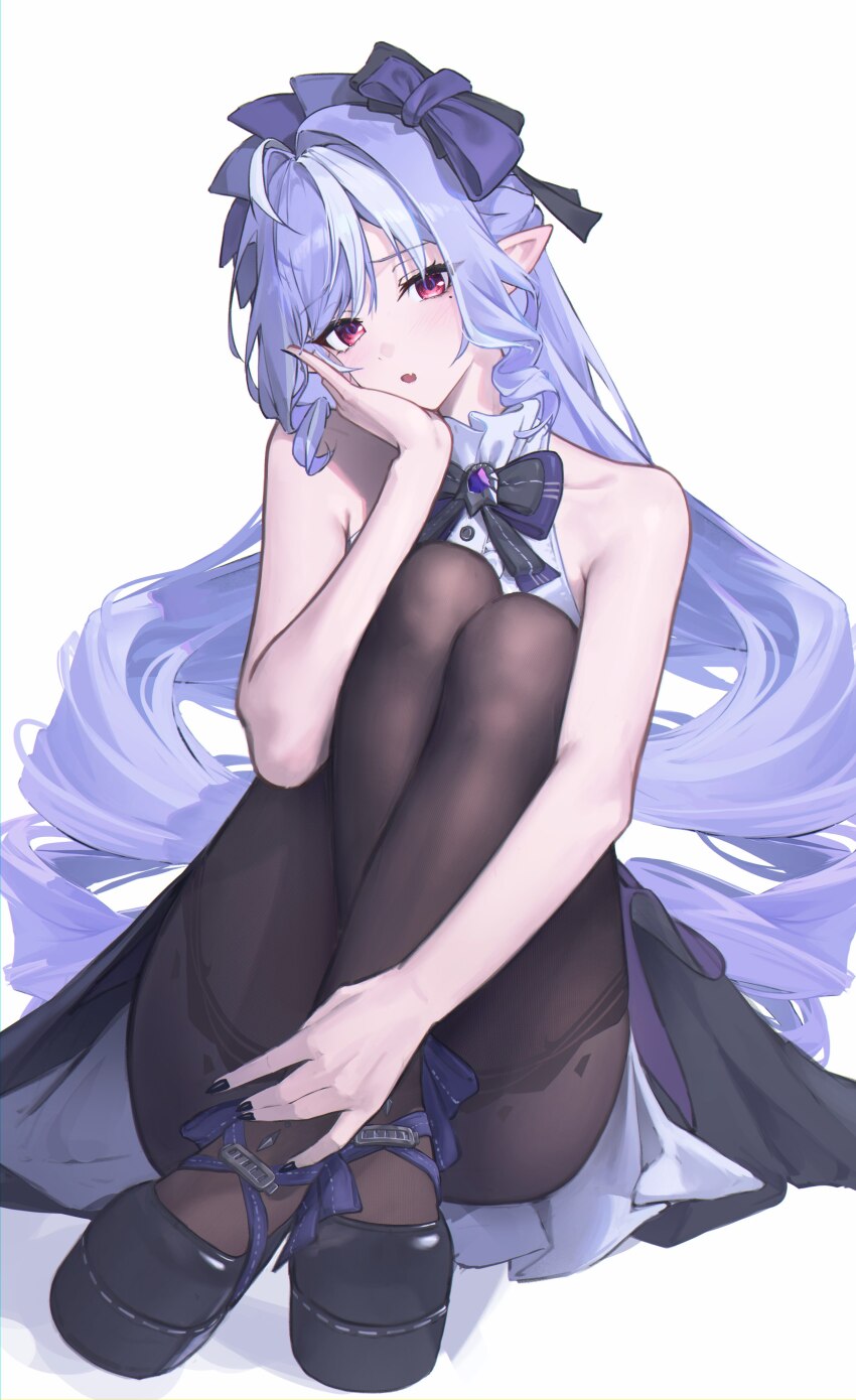 1girl absurdres bare_shoulders black_nails black_pantyhose black_shoes bow bowtie commentary_request crossed_ankles fingernails full_body hair_bow hand_on_own_face highres knees_to_chest long_hair looking_at_viewer mole mole_under_eye multicolored_hair nail_polish pantyhose parted_lips partial_commentary pointy_ears purple_bow purple_bowtie purple_hair red_eyes sasa_(sasa_ekakiman) shoes sidelocks sitting solo streaked_hair very_long_hair vivian_(zenless_zone_zero) zenless_zone_zero