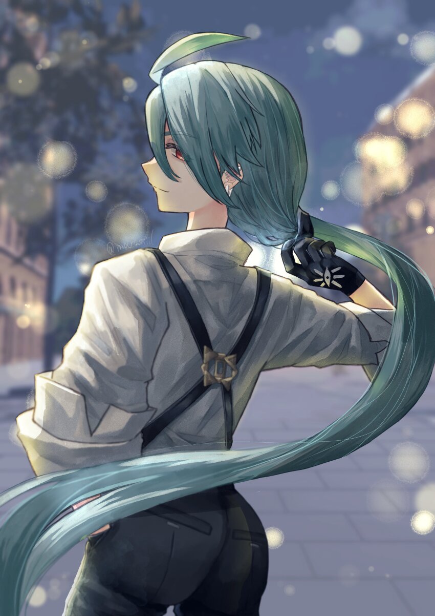 1girl absurdres ahoge androgynous ass asymmetrical_bangs back black_gloves black_pants bright_pupils closed_mouth collared_shirt creatures_(company) ear_piercing earrings game_freak gloves green_hair grey_shirt highres jewelry light_smile long_hair marushi_(marusiiiil) nintendo pants piercing pokemon pokemon_sv ponytail red_eyes reverse_trap rika_(pokemon) shirt sleeves_rolled_up solo suspenders triangle_earrings white_pupils