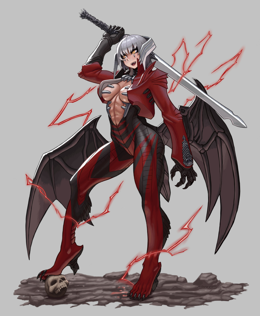 1girl :d breasts center_opening claws commentary dante_(devil_may_cry) demon_girl demon_horns demon_wings devil_may_cry devil_may_cry_(series) devil_may_cry_3 devil_trigger english_commentary full_body genderswap genderswap_(mtf) grey_background highres holding holding_sword holding_weapon horns medium_breasts nonneim open_mouth over_shoulder rebellion_(sword) short_hair skull smile solo standing sword teeth upper_teeth_only weapon weapon_over_shoulder white_hair wings yellow_eyes