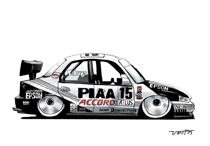 artist_name atlus bridgestone from_side highres hikageno honda honda_accord japanese_touring_car_championship no_humans spoiler_(automobile) sponsor vehicle_focus white_background