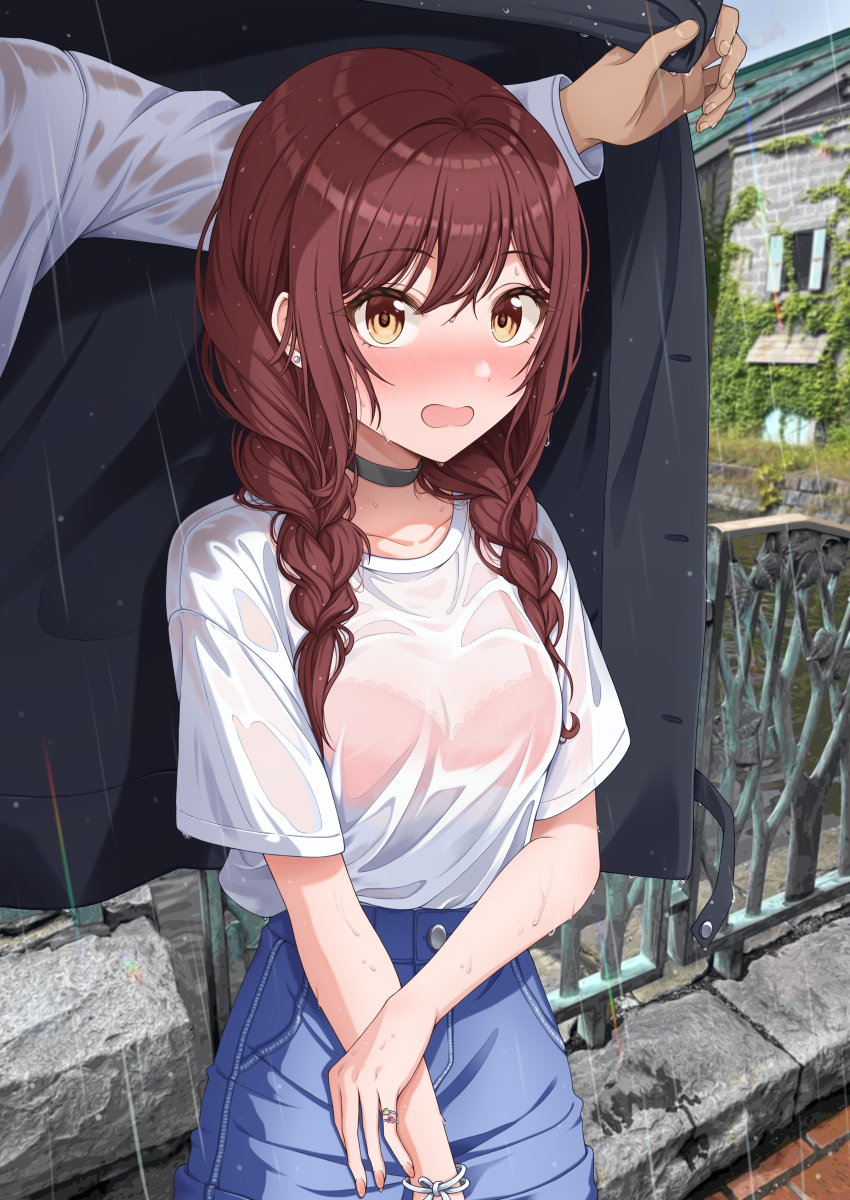 1boy 1girl absurdres black_choker black_suit blush bra_visible_through_clothes bracelet braid breasts business_suit choker cleavage denim denim_skirt embarrassed formal_clothes full-face_blush highres holding holding_jacket holding_unworn_clothes idolmaster idolmaster_shiny_colors improvised_umbrella jacket jacket_on_head jacket_over_head jewelry long_hair looking_at_viewer medium_breasts official_alternate_hairstyle open_mouth osaki_amana producer_(idolmaster) rain red_hair ring see-through_clothes see-through_shirt shared_improvised_umbrella shirt short_sleeves skirt sorugi_park suit swept_bangs twin_braids unworn_jacket water wet wet_clothes wet_hair wet_shirt white_shirt yellow_eyes