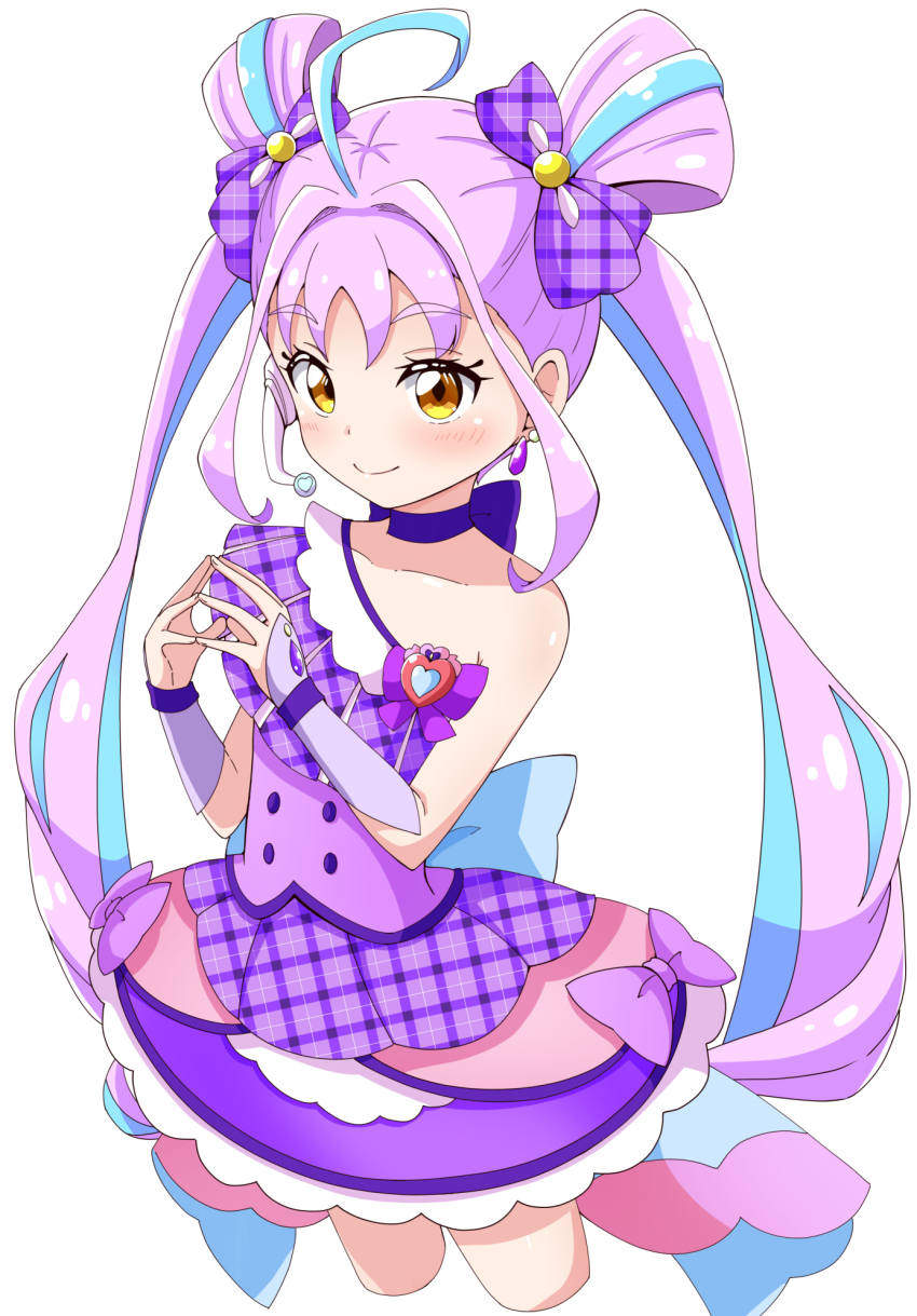 1girl ahoge aikawa_ryou blue_hair closed_mouth commentary_request cropped_legs cure_kyunkyun dress earrings highres jewelry kimi_to_idol_precure looking_at_viewer multicolored_hair paid_reward_available precure purple_dress purple_hair shigure_kokoro simple_background single_bare_shoulder smile solo steepled_fingers streaked_hair twintails variant_set white_background yellow_eyes