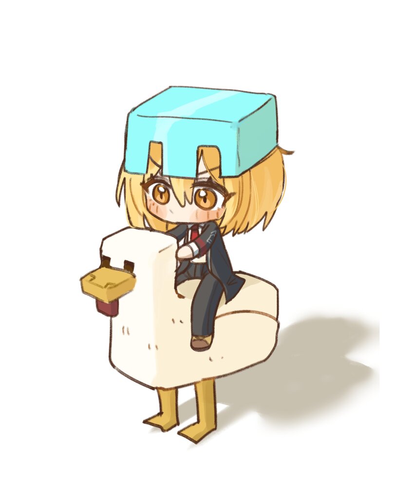 1girl absurdres animal black_jacket black_pants blonde_hair blush chibi chicken_(minecraft) collared_shirt don_quixote_(project_moon) dress_shirt formal_clothes highres jacket limbus_company minecraft minecraft_armor mini_person minigirl necktie nyd4du2 on_animal pants project_moon red_necktie riding shirt short_hair simple_background sitting sitting_on_animal solo v-shaped_eyebrows white_background white_shirt