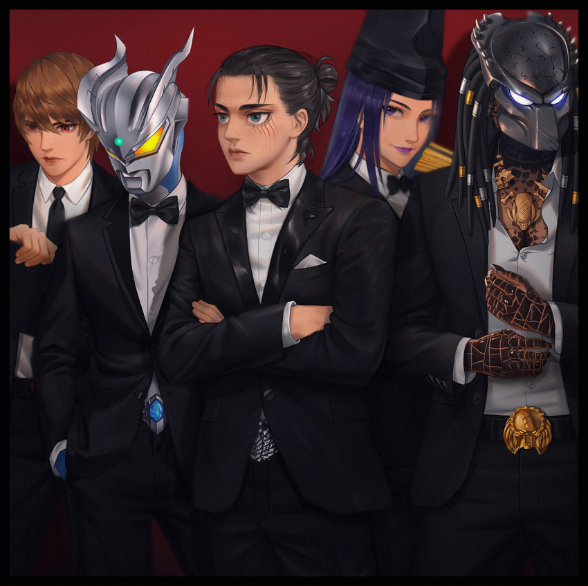 5boys adjusting_clothes alternate_costume belt black_border black_bow black_bowtie black_hair black_headwear black_jacket black_pants blue_eyes blue_skin book border bow bowtie breast_pocket brown_eyes brown_hair character_request closed_mouth collared_shirt colored_skin cowboy_shot crossed_arms crossover death_note dreadlocks dress_shirt eren_yeager facial_mark folded_fan folding_fan formal_clothes fujiwara_no_sai glowing glowing_eyes hair_bun hand_fan hand_up hat helmet hikaru_no_go holding holding_book jacket long_sleeves looking_afar looking_at_viewer looking_away looking_down male_focus matching_outfits medium_hair multiple_boys multiple_crossover pants pocket predator_(1987) predator_(character) predator_(series) purple_eyes purple_hair purple_lips red_background scales shingeki_no_kyojin shirt short_hair simple_background single_hair_bun smile suit tate_eboshi traditional_bowtie ultra_galaxy_(series) ultra_series ultraman_(1st_series) ultraman_zero_the_movie_choukessen!_belial_ginga_teikoku white_shirt yagami_light yeguirong