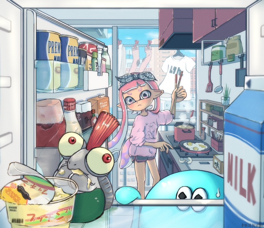1girl :t absurdres arm_up artist_name bag bandana black_bandana black_shorts blue_sky blush bottle building cabinet can chopsticks closed_mouth clothes_hanger clothesline cloud commentary_request cooking cooking_pot counter cup cutting_board day eating egg_(food) eggshell food food_request fork fried_egg frying_pan glass_door gradient_hair grey_eyes highres holding holding_chopsticks in_container in_refrigerator indoors inkling inkling_girl inkling_player_character jar jellyfish_(splatoon) ketchup ketchup_bottle kitchen ladle laundry long_hair looking_at_viewer milk milk_carton mohawk moromi_(kscd4482) multicolored_hair nintendo pink_hair pink_shirt pointy_ears pov print_shirt purple_hair red_eyes red_hair refrigerator refrigerator_interior shelf shirt short_eyebrows short_shorts shorts sidelocks sky three-quarter_sleeves slice_of_life sliding_doors smallfry_(splatoon) spatula splatoon_(series) spoon standing stove suction_cups tentacle_hair utensil_rack v-shaped_eyebrows very_long_hair