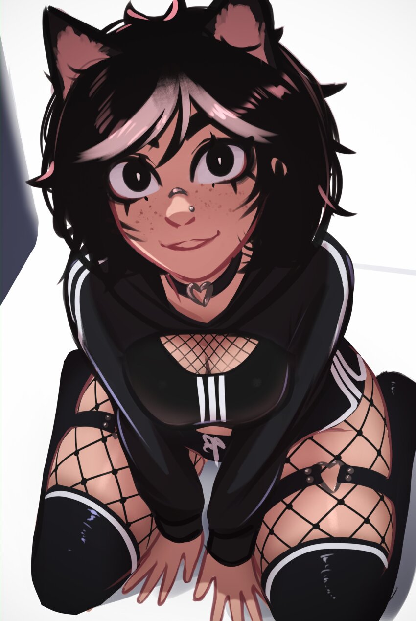 1girl absurdres animal_ears black_eyes black_hair black_jacket black_shorts breasts cat_ears choker cleavage cleavage_cutout clothing_cutout dolphin_shorts eyelashes face_piercing fishnets freckles from_above goth_fashion heart heart_choker highres jacket looking_at_viewer nose_piercing over-kneehighs piercing shorts sitting solo thigh_strap thighhighs tomboy veyonis wariza white_streaks yuna_(veyonis)