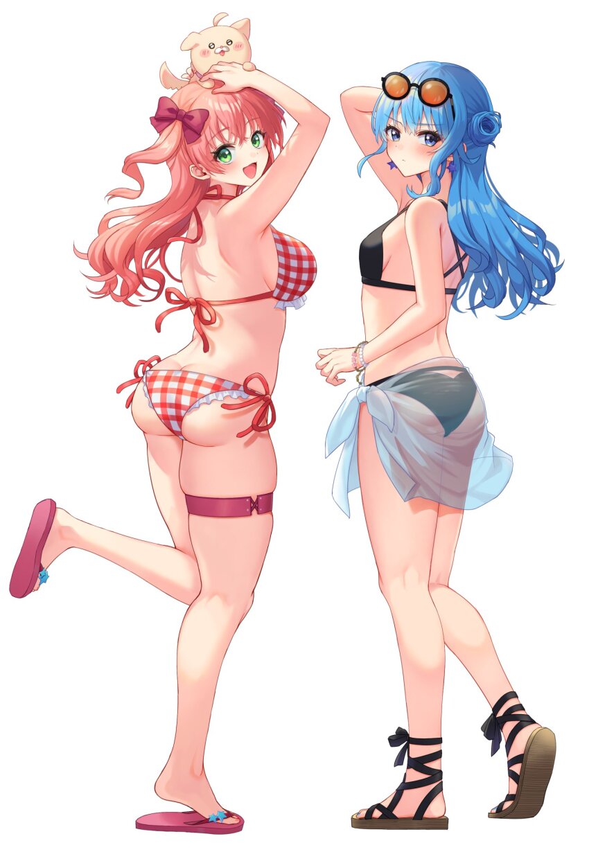 2girls ahoge arms_up ass bikini black_bikini blue_eyes blue_hair blush bow breasts butt_crack closed_mouth dog earrings eyewear_on_head feet flip-flops green_eyes hair_between_eyes hair_bow hair_ornament highres hololive hoshimachi_suisei jewelry large_breasts long_hair looking_at_viewer multiple_girls open_mouth pink_hair plaid_bikini plaid_clothes red_bikini sakura_miko sandals shoe_soles sideboob simple_background small_breasts smile star_(symbol) sunglasses swimsuit unkai_amane virtual_youtuber white_background white_bikini
