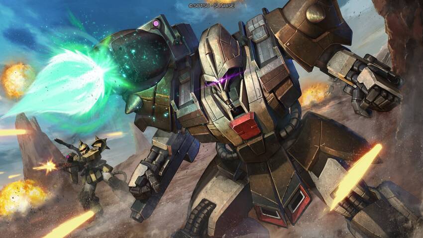 absurdres aiming artist_request battle beam_cannon cable copyright_logo desert dutch_angle energy_beam explosion fake_screenshot firing gallus-k glowing glowing_eye gun gundam gundam_battle_operation_2 gundam_unicorn highres lens_flare machine_gun machinery mecha mecha_focus mobile_suit neo_zeon no_humans official_art one-eyed realistic robot science_fiction shoulder_cannon sunrise_(company) weapon zaku_cannon zaku_ii