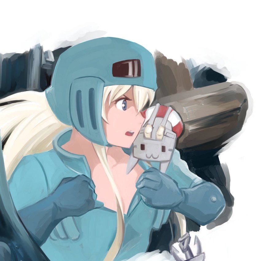 1girl anchor_hair_ornament blonde_hair commentary_request cosplay gloves green_eyes hair_ornament helmet highres inoue_kousei kantai_collection kaze_no_tani_no_nausicaa lifebuoy long_hair nausicaa_(cosplay) open_clothes open_mouth pilot_suit rensouhou-chan shimakaze_(kancolle) sidelocks sitting_on_shoulder swim_ring