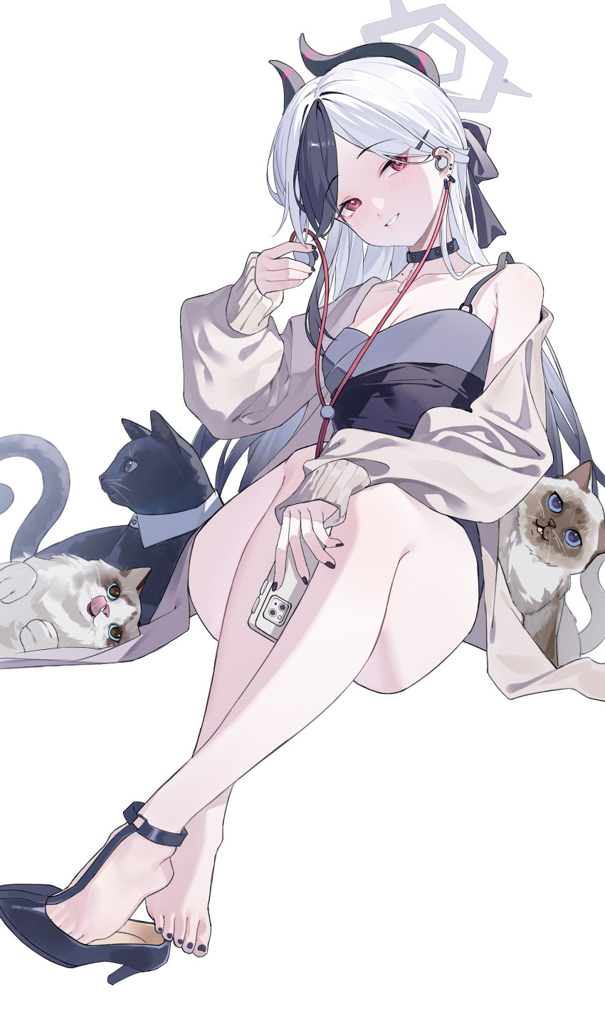 1girl absurdres black_cat black_choker black_dress black_hair black_horns black_nails blue_archive blue_eyes breasts cat cellphone choker cleavage collarbone commentary_request crossed_ankles detached_collar dress ear_piercing earphones full_body gradient_hair grey_halo grey_jacket hair_ornament hairclip halo hand_up high_heels highres holding holding_phone horns jacket kayoko_(blue_archive) kayoko_(dress)_(blue_archive) long_hair long_sleeves looking_at_viewer lushi_jin_up mole mole_on_neck multicolored_hair nail_polish official_alternate_costume parted_bangs parted_lips phone piercing red_eyes shoe_dangle shoes simple_background single_bare_shoulder single_bare_foot single_shoe smartphone solo toenail_polish toenails white_background white_hair