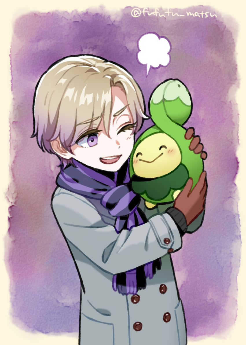 1boy aged_down blonde_hair character_request child coat commentary_request funuyu game_freak gradient_hair grey_coat highres male_focus multicolored_hair nintendo one_eye_closed pokemon pokemon_(creature) purple_background purple_eyes purple_hair purple_scarf scarf short_hair solo trench_coat twisted_wonderland upper_body vil_schoenheit