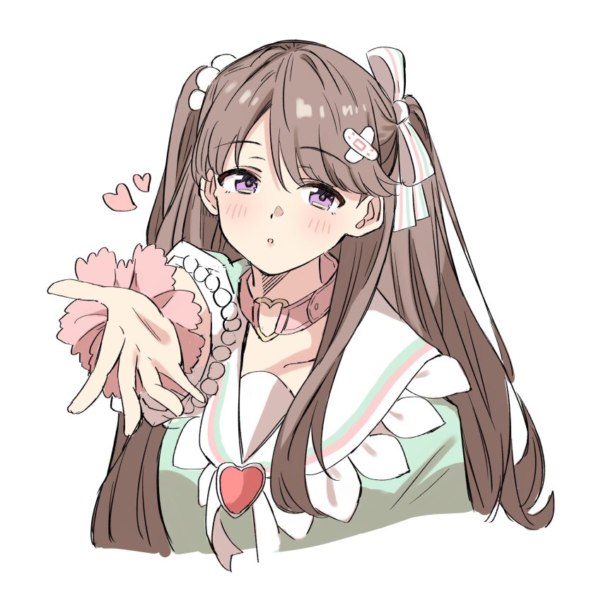 1girl aqua_dress bandaid bandaid_hair_ornament bien_(djpwjd1) blowing_kiss blush brown_hair choker collarbone commentary cropped_torso dress frilled_sailor_collar frills fujishima_megumi hair_ornament hair_ribbon hakuchu_a_la_mode heart heart_o-ring heart_ring_choker highres link!_like!_love_live! long_hair looking_at_viewer love_live! o-ring o-ring_choker official_alternate_costume parted_lips pink_choker purple_eyes ribbon sailor_collar sailor_dress short_sleeves simple_background solo two_side_up virtual_youtuber white_background white_ribbon white_sailor_collar x_hair_ornament