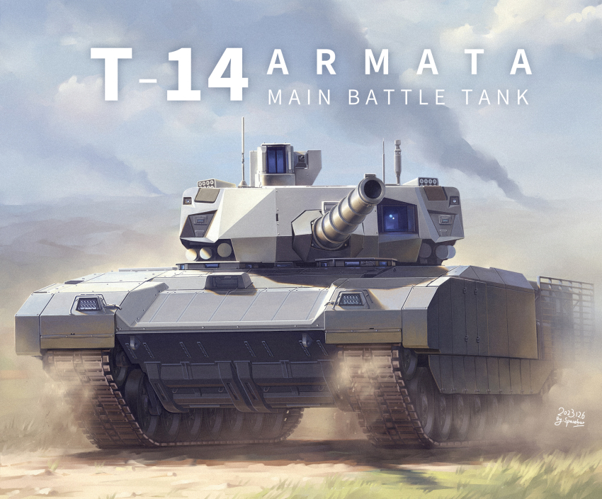 artist_name cannon caterpillar_tracks cloud cloudy_sky commission dated dust english_text grass highres military_vehicle motor_vehicle no_humans real_life russian_ground_forces sky spacebar_hobby t-14_armata tank vehicle_focus