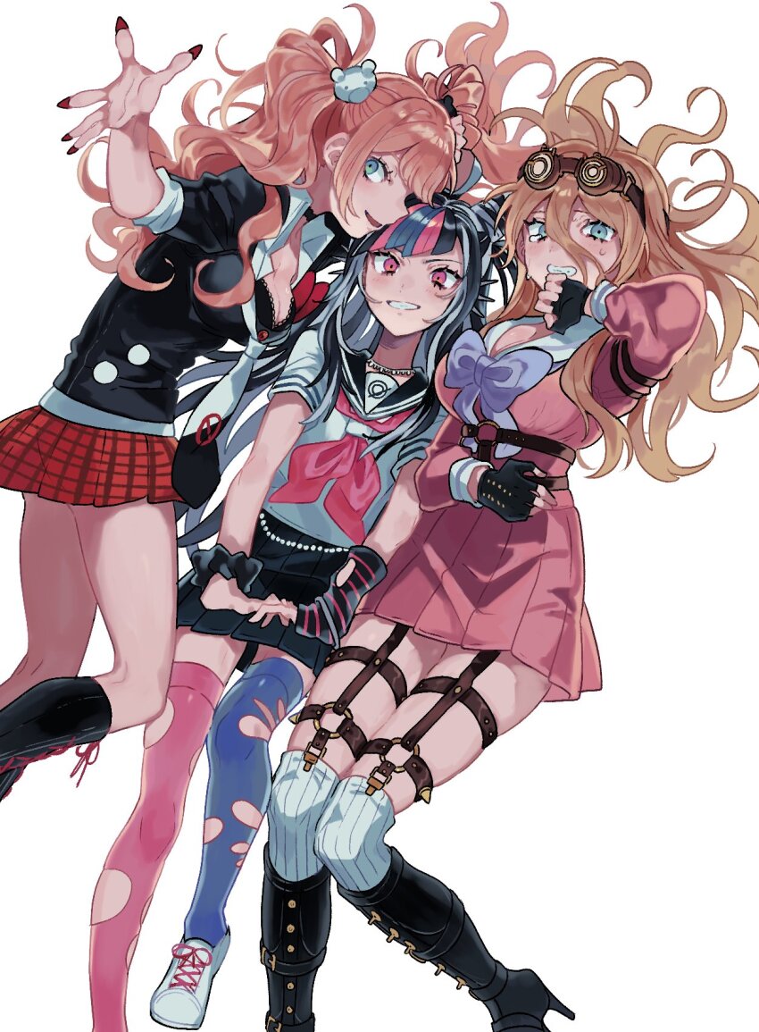 3girls black_boots black_gloves black_hair black_sailor_collar black_shirt blonde_hair blue_thighhighs boots breasts cleavage danganronpa:_trigger_happy_havoc danganronpa_(series) danganronpa_2:_goodbye_despair danganronpa_v3:_killing_harmony enoshima_junko fingerless_gloves gloves goggles goggles_on_head green_hair highres iruma_miu miniskirt mioda_ibuki monigenome_(m0n1m0n1m) multicolored_hair multiple_girls neckerchief pink_hair pink_neckerchief pink_skirt pink_thighhighs pleated_skirt red_hair sailor_collar shirt simple_background skirt thighhighs white_background white_shirt