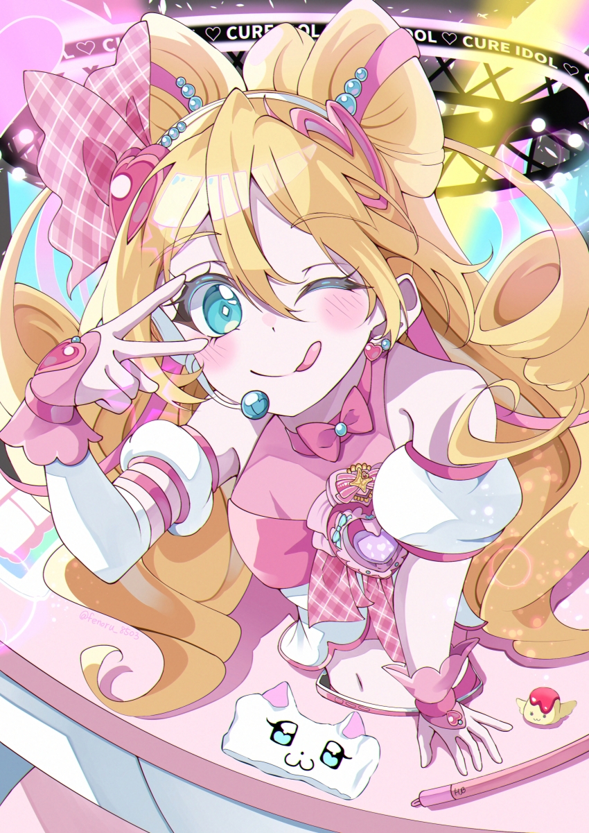 1girl ;q absurdres arm_warmers blonde_hair blue_eyes blush bow brooch cellphone character_name commentary_request crop_top cure_idol delicious_party_precure detached_sleeves drill_hair earrings hair_ornament hair_ribbon hairband headset heart heart_brooch heart_earrings heart_hair_ornament highres housei_fenoru jewelry kimi_to_idol_precure long_hair looking_at_viewer magical_girl midriff navel nekoyashiki_yuki nekoyashiki_yuki_(cat) omurice_recipipi one_eye_closed partial_commentary phone pink_bow pink_ribbon pink_shirt precure puffy_detached_sleeves puffy_sleeves recipipi ribbon sakura_uta_(precure) shirt single_arm_warmer smile solo tongue tongue_out twin_drills v very_long_hair white_hairband wonderful_precure! wrist_cuffs