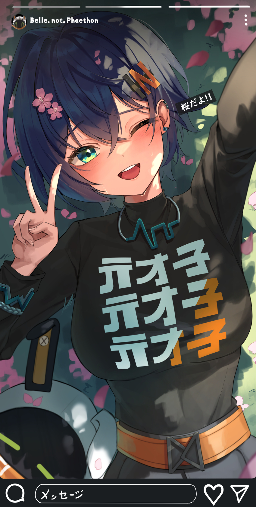 1girl ;d absurdres bangboo_(zenless_zone_zero) belle_(zenless_zone_zero) black_shirt blue_hair breasts crossed_bangs eous_(zenless_zone_zero) flower green_eyes hair_between_eyes hair_flower hair_ornament highres jewelry kimae large_breasts necklace one_eye_closed open_mouth selfie shirt short_hair smile teeth translation_request upper_teeth_only v zenless_zone_zero