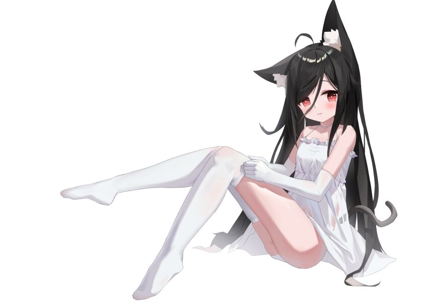 1girl absurdres ahoge animal_ears black_ears black_hair black_tail dress elbow_gloves eyes_visible_through_hair fengxue fox_ears gloves hair_between_eyes highres light_blush long_hair original panties red_eyes see-through_clothes simple_background sitting smile solo tail thighhighs underwear white_dress white_gloves white_thighhighs