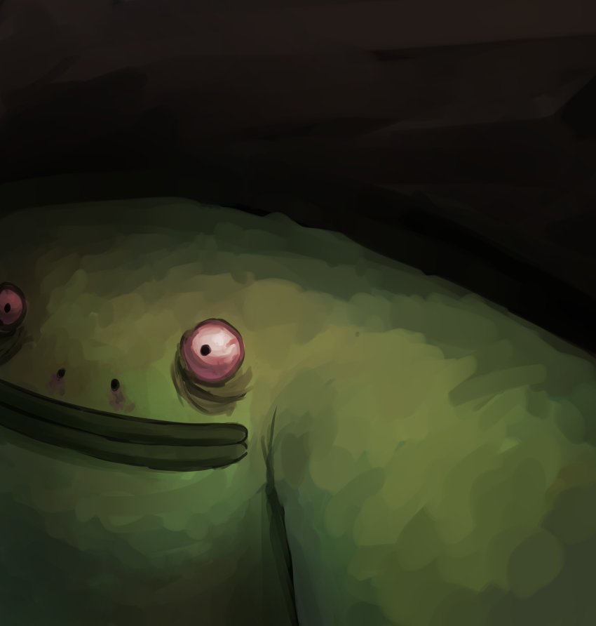 absurdres bags_under_eyes black_background bloodshot_eyes close-up colored_skin commentary demon enduranceex english_commentary green_skin green_theme highres looking_at_viewer mr._frog_(smiling_friends) pov simple_background smile smiling_friends solo tagme