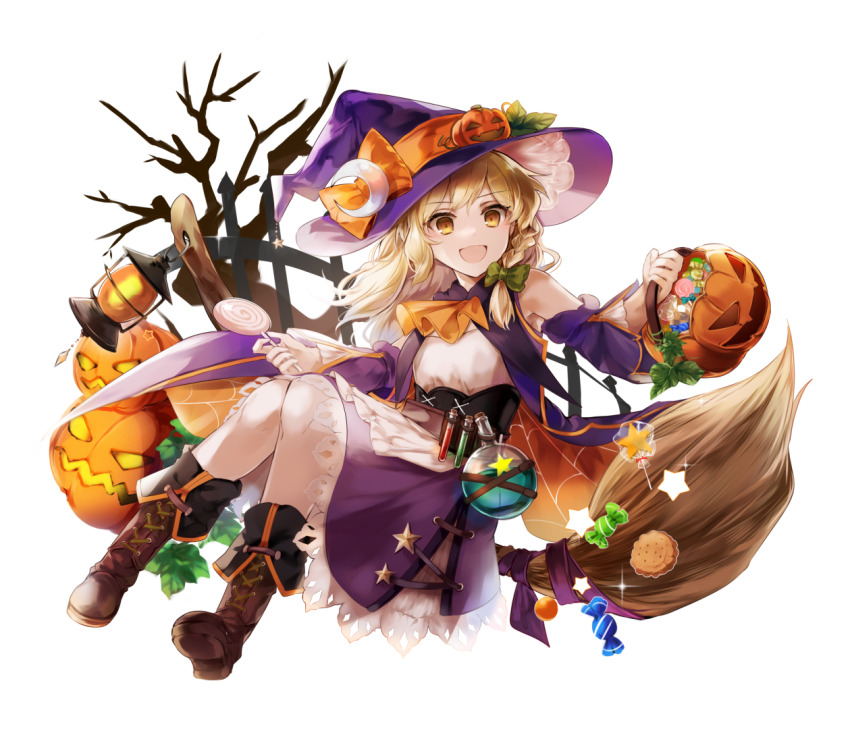 1girl alternate_costume alternate_headwear_color apron ascot blonde_hair boots bow braid broom broom_riding brown_boots candy cookie crescent crescent_hat_ornament detached_sleeves flask food game_cg green_bow hair_bow hakurei_frontier_spell_strive halloween_costume hat hat_bow hat_ornament holding holding_candy holding_food holding_lollipop jack-o&#039;-lantern kirisame_marisa kutsuki_kai lantern leaf leaf_hat_ornament lollipop long_hair official_art open_clothes open_mouth open_vest orange_ascot orange_bow pumpkin purple_hat purple_vest round-bottom_flask side_braid single_braid smile solo star-shaped_food star_(symbol) swirl_lollipop test_tube third-party_source touhou transparent_background vest waist_apron witch_hat yellow_eyes