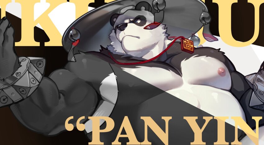 1boy animal_ears arange_(youhei79384157) bara bare_pectorals bell biceps black_fur bracelet character_name closed_mouth commentary english_commentary english_text furry furry_male highres jewelry jingle_bell looking_to_the_side multicolored_fur necklace nipples pan_yinhu panda_boy panda_ears partially_colored pectorals plump spiked_bracelet spikes tank_top white_fur wok zenless_zone_zero