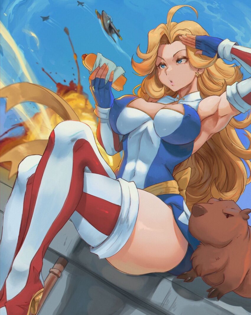 1girl ahoge aircraft airplane alterlesott animal armpits bare_shoulders blonde_hair blue_leotard body_fur boots breasts brown_fur capybara commentary covered_erect_nipples covered_navel crossed_legs earrings explosion fighter_jet high_heel_boots high_heels highres hot_dog jewelry kamen_america kamen_america_(comic) large_breasts leotard long_hair military_vehicle muscular muscular_female no_eyewear red_footwear salute second-party_source sitting skin_tight star_(symbol) star_earrings thick_thighs thigh_boots thighs white_footwear white_leotard