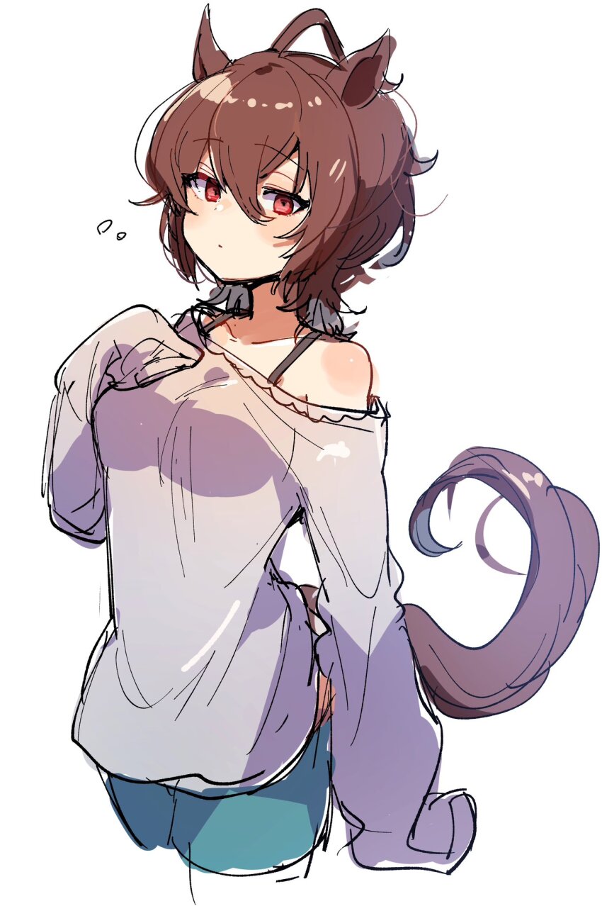 1girl agnes_tachyon_(umamusume) ahoge animal_ears bare_shoulders blue_shirt blush bra_strap breasts brown_hair collarbone hair_between_eyes hand_on_own_chest highres horse_ears horse_girl horse_tail large_breasts long_sleeves looking_at_viewer off-shoulder_shirt off_shoulder pants purple_pants red_eyes shirano_akihiro shirt short_hair shoulder_blush sleeves_past_fingers sleeves_past_wrists solo tail umamusume white_background wolf_cut