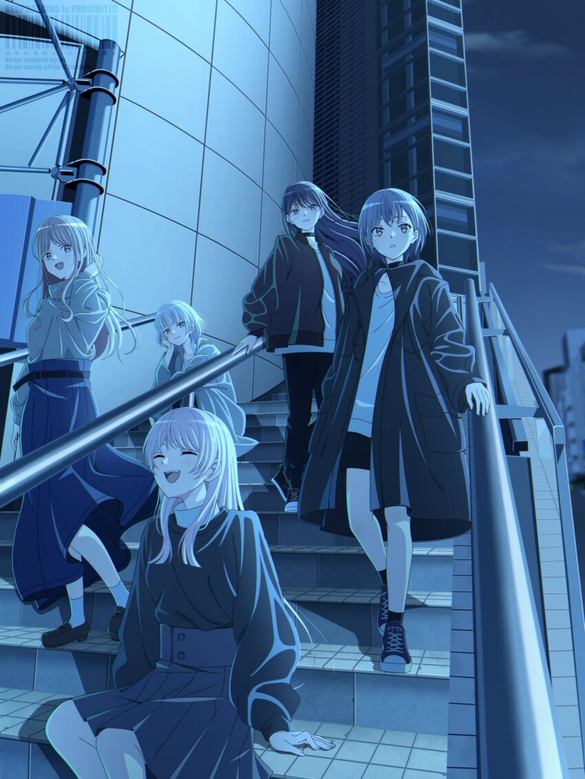 5girls :d bang_dream! bang_dream!_it&#039;s_mygo!!!!! blue_theme building chihaya_anon choker coat commentary_request cross-laced_footwear heterochromia highres kaname_raana long_hair mole mole_under_eye monochrome multiple_girls mygo!!!!!_(bang_dream!) nagasaki_soyo open_clothes open_coat open_mouth outdoors pants shiina_taki short_hair sitting skirt smile stairs standing takamatsu_tomori teeth upper_teeth_only yasou0049